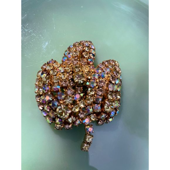 Vintage 1960s Large AB Rhinestone Cluster Leaf Brooch - Picture 9 of 12